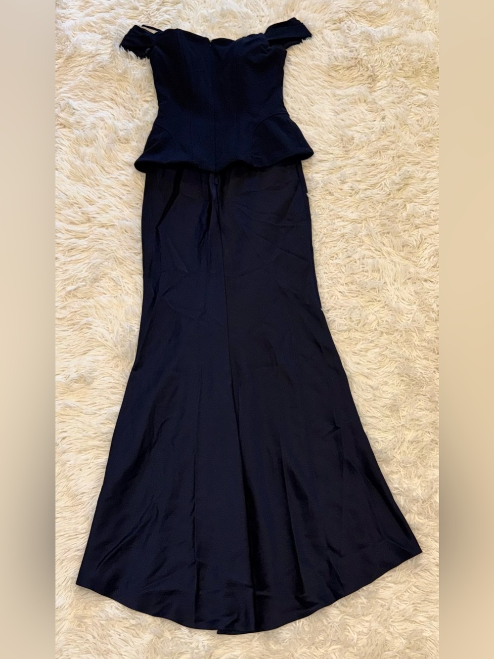 NEW Betsy & Adam Off the Shoulder Mixed Media Satin Navy Gown Sz 12 - Picture 6 of 8
